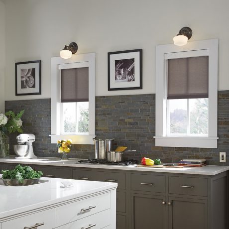 Kitchen in Smart Home With Lutron Lighting Controls and Smart Shades for smart home automation in a connected home and sustainable technology